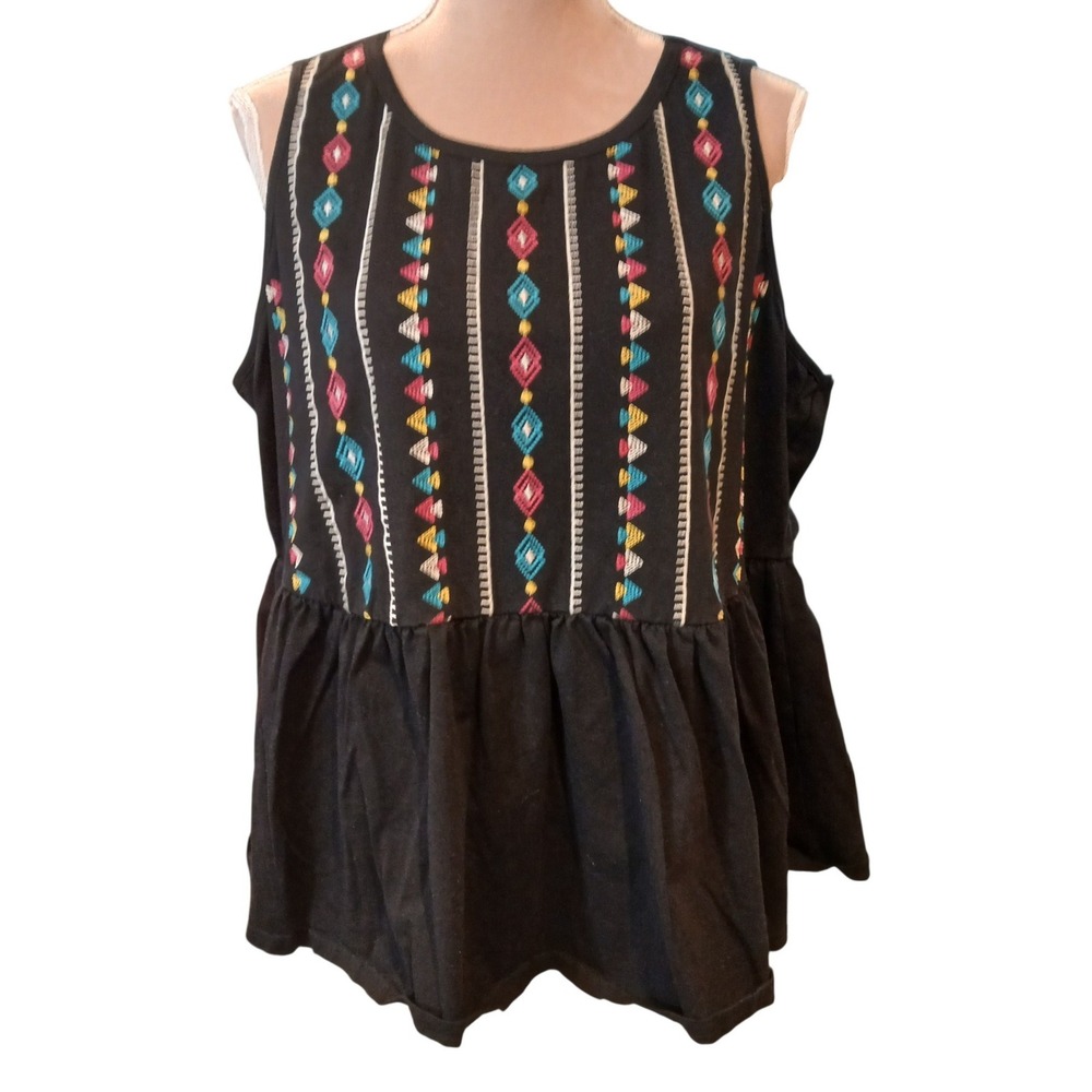 Savanna Jane Womens 1X Black Embroidered Babydoll Tank Top Peplum Boho